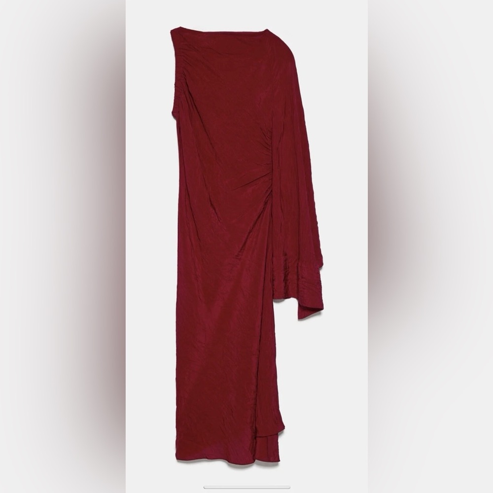 Maroon Red One Sleeve Shoulder Asymmetrical Midi Satin Formal Fancy Dress Sz L - Picture 2 of 16